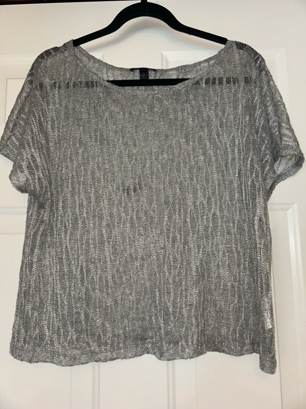 BCX Sparkle SS Metallic Knit Top L Silver Glam Textured Boxy Sheer Holiday